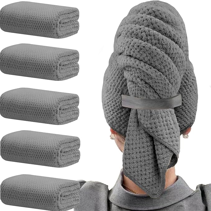 Wuwahold Microfiber Hair Towels, Waffle Hair Towel Set, Super Soft Highly Absorbent, Sturdy Quick Drying Turbans for Long, Thick, Curly Hair (5 Pack, 40" x 20")
