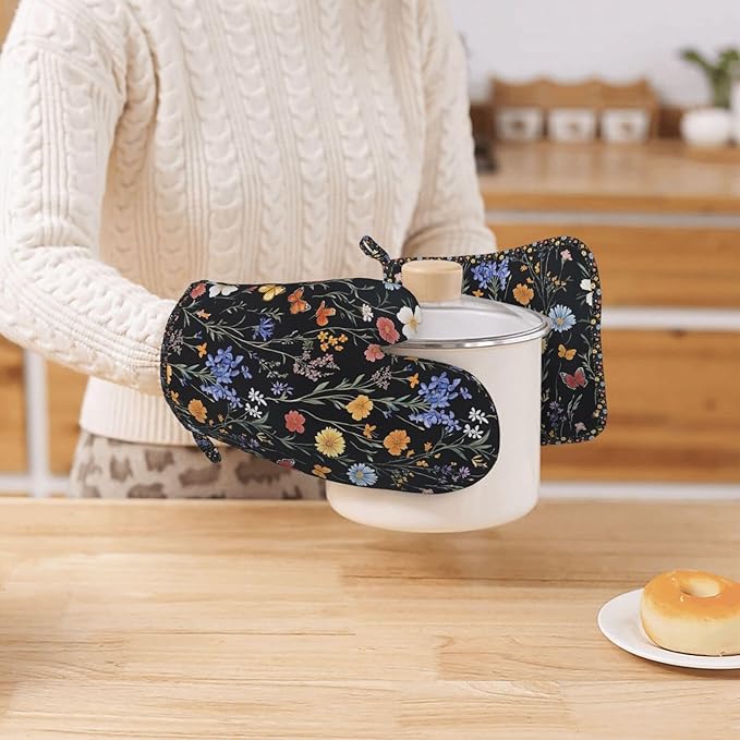 Oven Mitts Pot Holders Set Vintage Botanical Flower Wildflower Silicone Kitchen Gloves Potholders Heat Resistant for Chef Baking Cooking Grilling BBQ 4 Pack Mitt