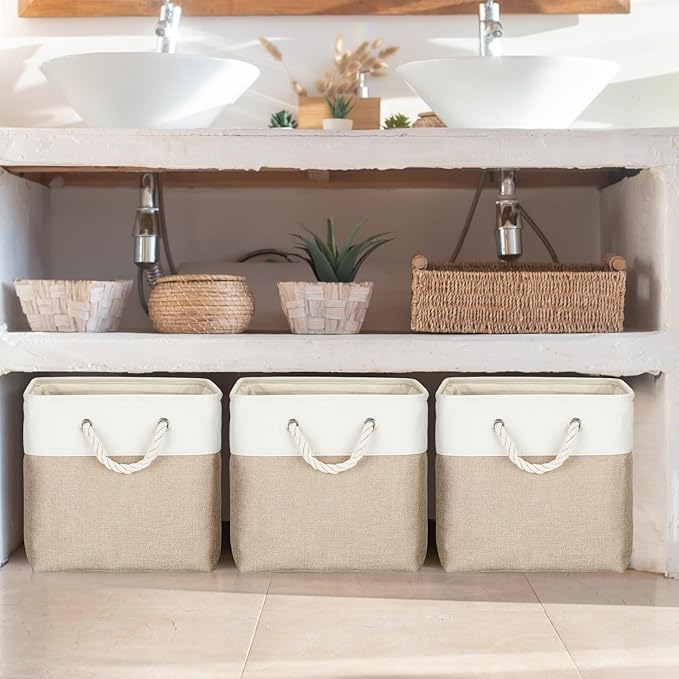meekoo 8 Pack Collapsible Storage Bins Fabric Storage Bins Polyester Fabric Baskets with Handles Linen Closet Organizer for Shelf Home Closet Towels Toys(12 x 12 x 12 in,Beige)