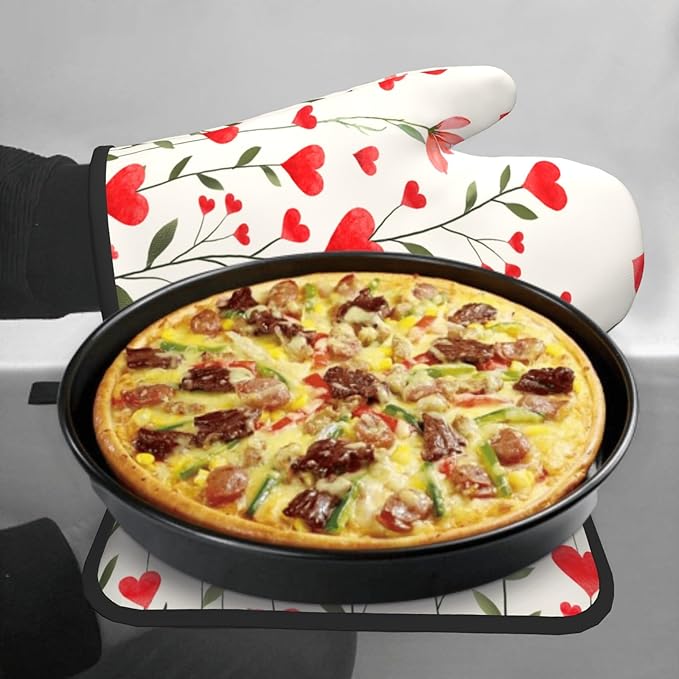 Red Love Hearts Oven Mitts and Potholders Set of 2 Romantic Flowers Washable Heat Resistant Non-Slip Oven Gloves Pot Holder for Mother Day Kitchen Cooking Baking Decoration