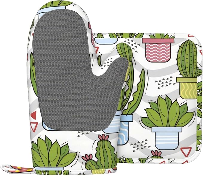 Silicone Oven Mitts and Pot Holders Sets, Home Cute Cactus Heat Resistant BBQ Gloves for Kitchen Baking Cooking Grilling Microwave