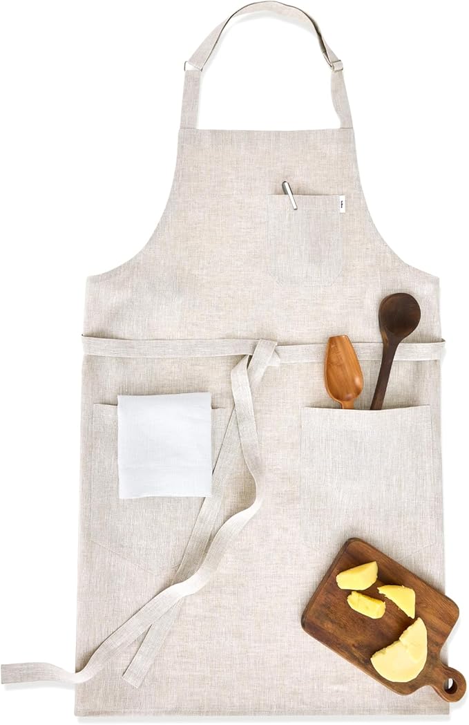 Solino Home Linen Bib Apron for Men & Women - 33 x 30 Inch Kitchen Apron with Front Pockets - Handcrafted from European Flax