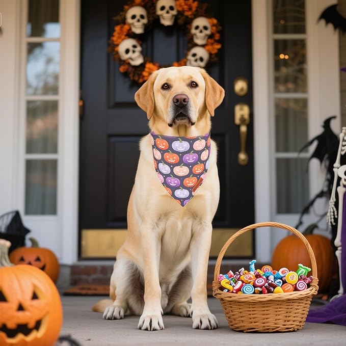 ADOGGYGO Halloween Dog Bandanas 2 Pack, Triangle Reversible Pumpkin Candy Print Pet Scarf Bib, Purple Halloween Bandans for Extra Large Dogs (X-Large)