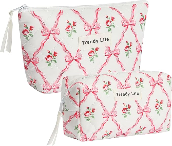 HAOGUAGUA 2 Pieces Makeup Bag, Small Large Quilted Cosmetic Bag, Travel Floral Make Up Toiletry Organizer Bag for Women Girls (2PCS STYLE A-1)