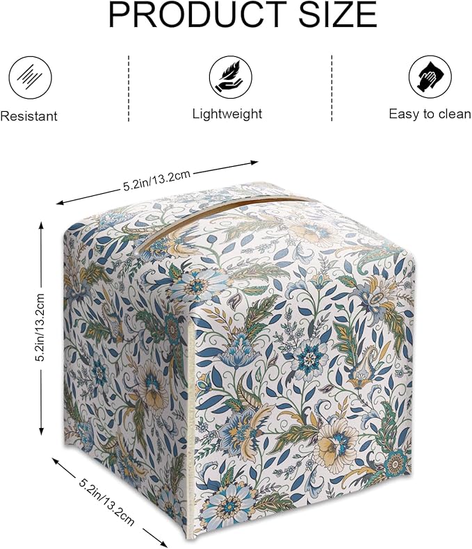 Columbia Blue Block Print Tissue Box Cover Square, Vintage Floral Leather Tissue Box Holder with Bottom Belt, Modern Home Decoration for Nightstands, Dining Table, Office, Car -16