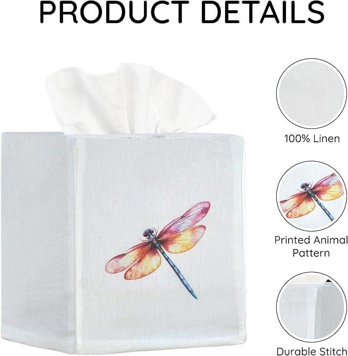 EmbroideryLinen.VN Tissue Box Cover Set of 2, Square Linen Tissue Holder, Printed Animal Pattern, 4.5x4.5x5.5 Inches, Decorative Holder for Bathroom, Living Room, Office (Dragonfly)