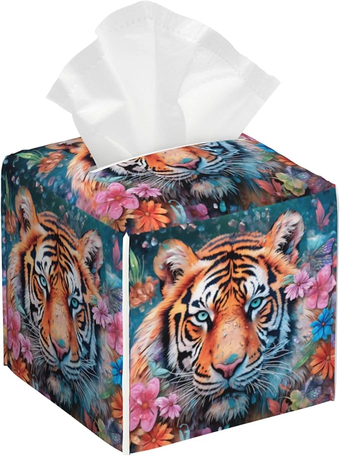 POIUBLE Leather Tissue Box Holder Tiger with Flowers Tissue Box Cover Square Waterproof Tissue Holder Organizer Modern Napkin Holder for Bedroom Dresser Night Stand Office Desk