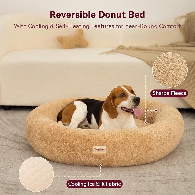 Self-Warming Calming Donut Dog Bed for Large Dogs – Orthopedic Memory Foam Round Dog Bed for Anxiety Relief & Senior Joint Support, Waterproof Liner, Washable Removable Cover & Non-Slip Bottom