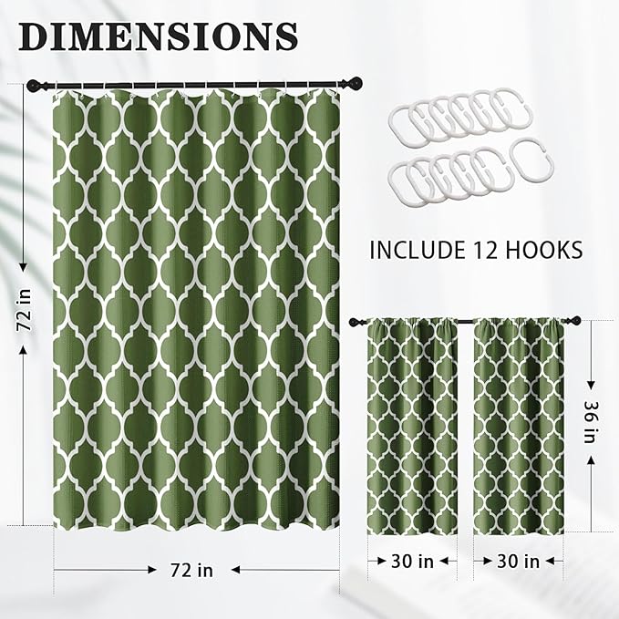 Culudea Sage Green Quatrefoil Moroccan Plaid Waffle Textured Cloth Shower Curtain Set, Four Leaf Clover Retro Grid Geometric Bathroom Window Waterproof Shower Curtains for Bathroom Decor