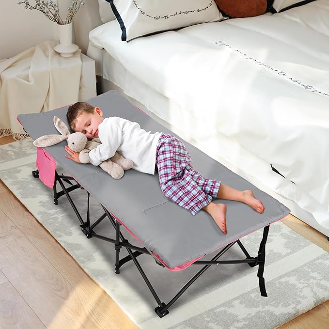 REDCAMP Kids Foldable Camping Cot with Mattress Pad, 220 LBS Child Durable Sleeping Bed with Pocket and Carry Bag Portable for Home, Travelling, Pink