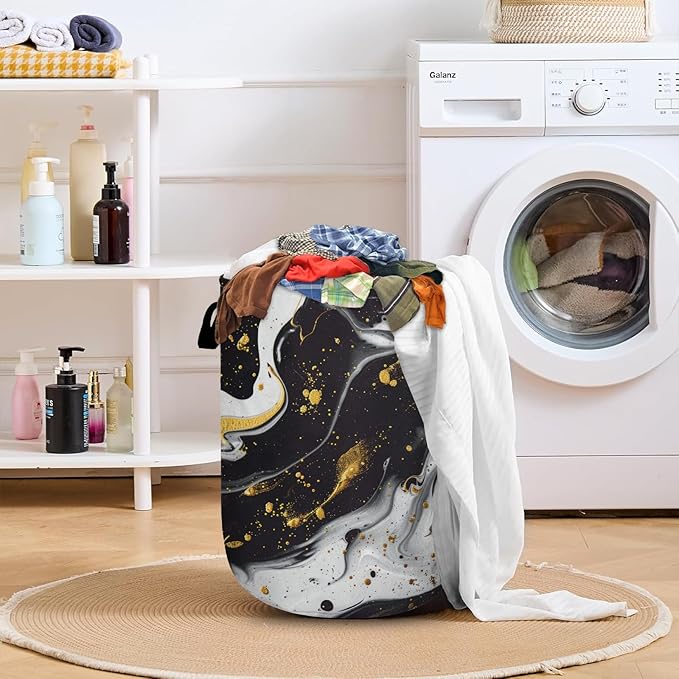 Black White Marble Laundry Basket with Sturdy Handles, Collapsible Oxford Cloth Laundry Hamper Organizer Basket for Bathroom Bedroom 15.7x20 Inch