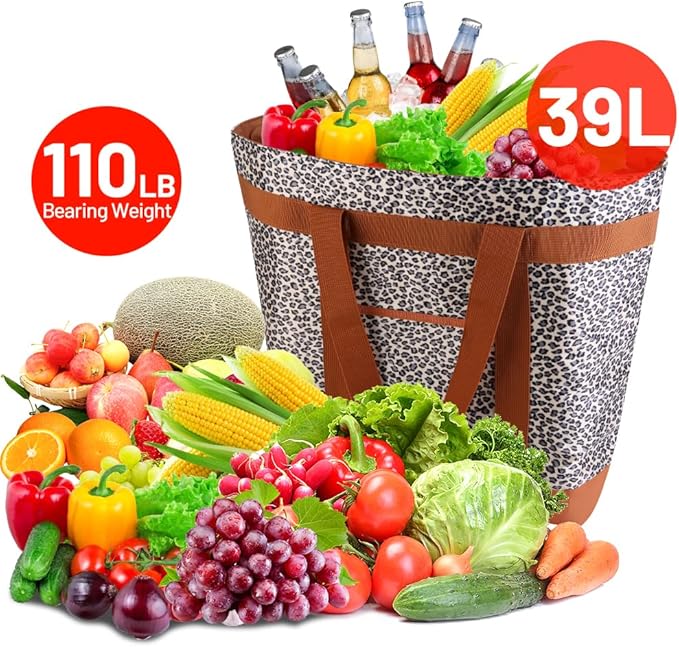 Reusable Grocery Tote Bags, Insulated Cooler Shopping Bag for Women/Men, Pizza/Food Delivery Bags to Keep Food Hot/Cold for Commercial Food Transport, Cooler Bag for Travel/Beach/Picnic, Cow Print