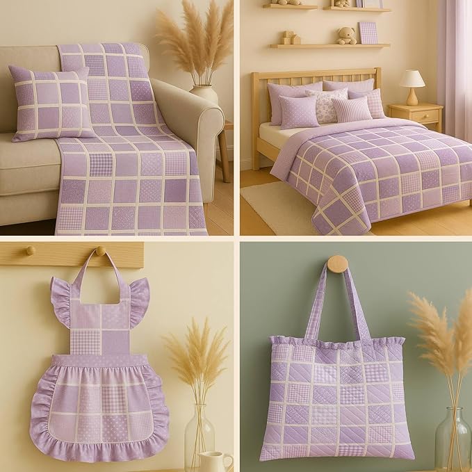 Cotton Satin Patchwork Fabric Panel – 35 Designs, 20×20 cm Squares, Single Piece 150×110 cm, Lavender Floral Quilt Fabric (Lavender Dreams Patchwork Set, 35pcs 8x8 inch)