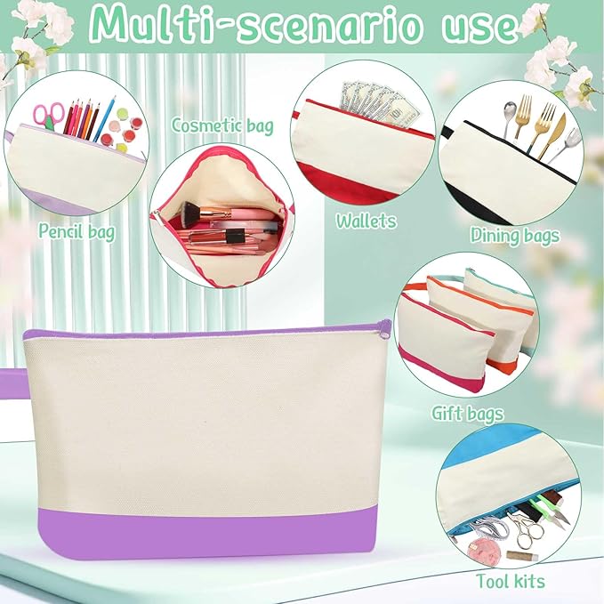 Sanwuta Canvas Tote Bags Bulk with Zipper Cosmetic Pouch 18.5" Reusable Cotton Shopping Bag with Handle for DIY Craft