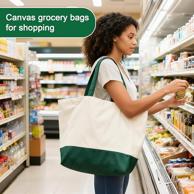 CNaiyunpin Reusable Grocery Bags Heavy Duty, 8.3 gal Foldable Large Canvas Tote Bag with Handles, Holds 60 lbs Canvas Shopping Bags, 1 Pack（Retro Green）