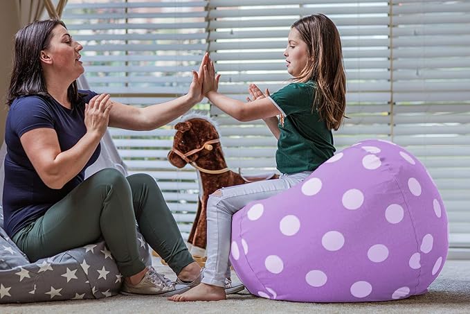 WEKAPO Stuffed Animal Storage Bean Bag Chair Cover for Kids | Stuffable Zipper Beanbag for Organizing Children Plush Toys Large Premium Cotton Canvas (Purple Dot, X-Large)