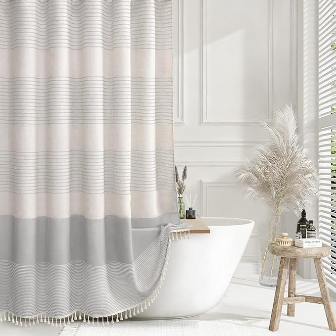 XOGUIBO Grey Shower Curtain Farmhouse Linen Striped Shower Curtains for Bathroom with Tassel 72 X 84