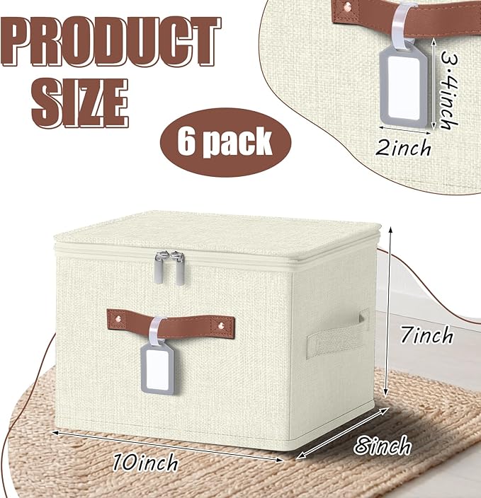 Fiwochic 6 Pack Fabric Storage Bins with Lids and Label, 10×8×7Inch Foldable Cotton Linen Cute Storage Boxes with PU Leather Handles for Closet, Bedroom, Shelf, Nursery, Beige