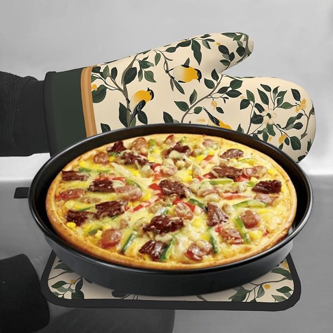 Bird Branch Oven Mitt and Pot Holder Sets 2Pcs Dark Green Yellow Vintage Heat Resistant Washable BBQ Cooking Gloves Hot Pans Mat for Kitchen Baking Grilling Decorative