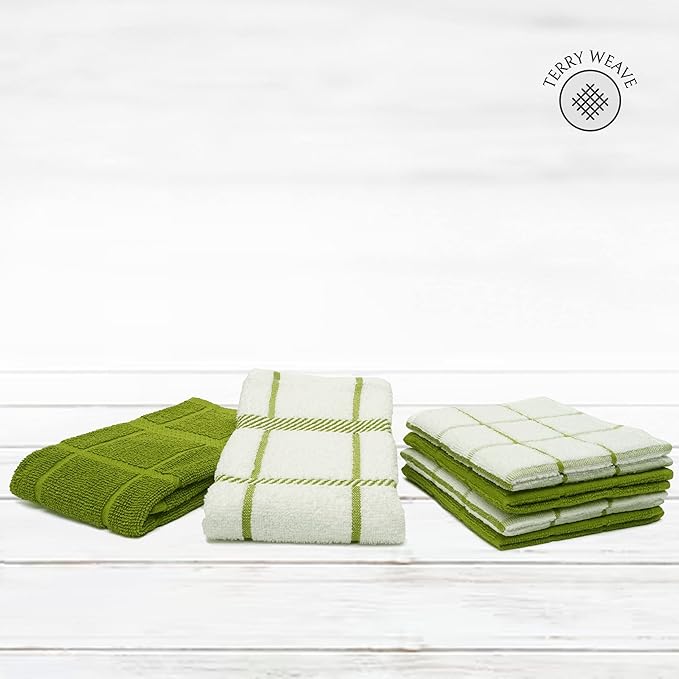 Mellow Buff 100% Cotton Terry Dish Cloth & Dish Towel, 6 Pack, Super Soft and Absorbent Kitchen Towels, Perfect for Kitchen Cleaning and Dish Washing (Green (DT and DC Combo))
