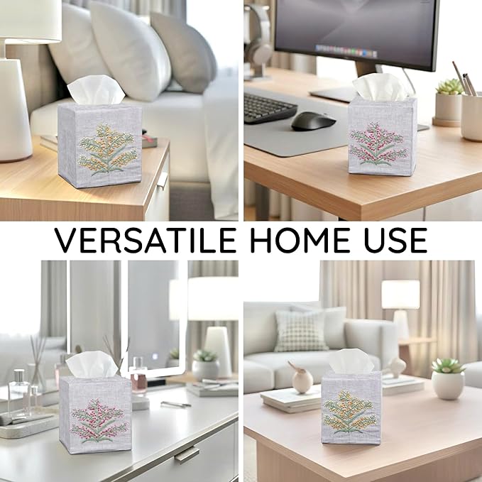 EmbroideryLinen.VN Tissue Box Cover Set of 2, Square Linen Tissue Holder, French Knot Hand Embroidered Floral Design, 4.5x4.5x5.5 Inches, Decorative Holder for Bathroom, Living Room, Office (Grey)