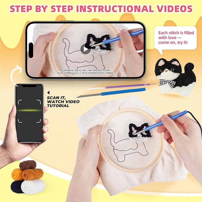 Punch Needle kit-4,Embroidery kit for Beginners,Punch Needle Kits Adults Beginner,Needles, Curved Scissors, a Tool Storage Box, Yarn, Easy-to-Follow Instructions, and Tutorial Videos-(Cat-Dog Duo)
