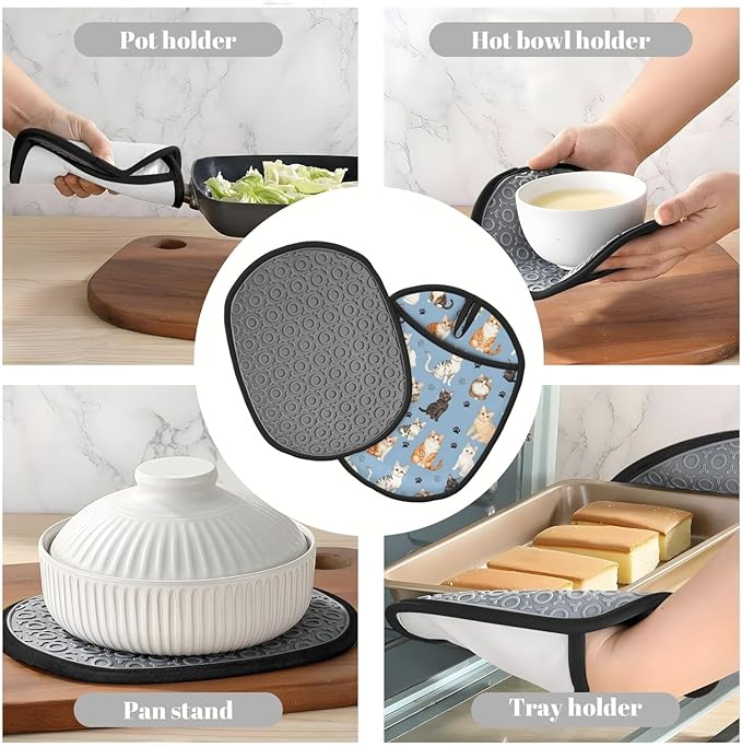 Pot Holders 2 Pack Silicone, Cotton Lining, Heat Resistant to 500°F (260°C), Non-Slip Grip, 7.5"x9.4" Oval Kitchen Hot Pads for Oven, Cooking (Cat, Potholders)