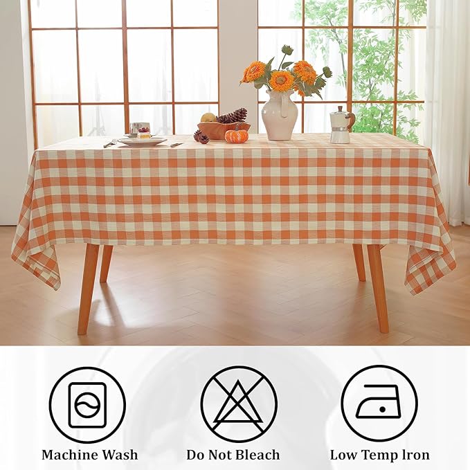 Alsoo Checkered Tablecloth Rectangle Gingham Table Cloth Washable Cotton Linen Fall Thanksgiving Buffalo Plaid Table Cover for Picnic Kitchen Dining Room, Orange and White, 60 * 120 inch
