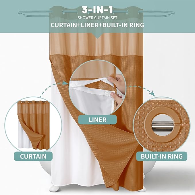 eachope BurntOrange No Hook Waffle Weave Shower Curtain with snap-in Liner Replacement, 230GSM Waterproof Fabric Hotel Shower Curtain Set for Bathroom, Through Mesh Top Window,54Wx80H