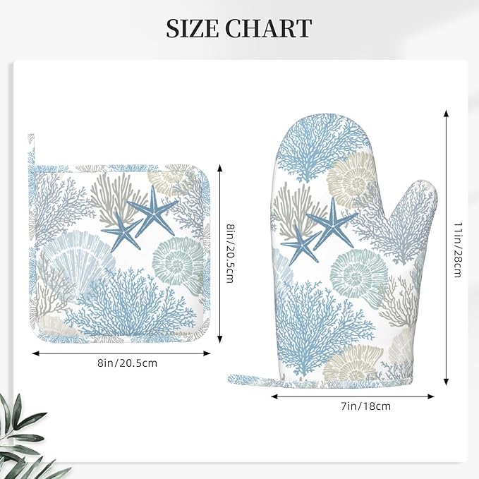Nautical Coastal Oven Mitts and Pot Holders Set, 4pcs Silicone Starfish Seashell Coral Beach Themed Oven Glove for Kitchen Heat Resistant Oven Mitts and Non-Slip Potholders Blue White