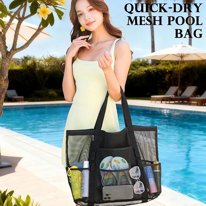 Fammart Mesh Beach Bag, Large Beach Tote with Zipper Pocket for Family Pool Bag for Toys & Vacation Essentials