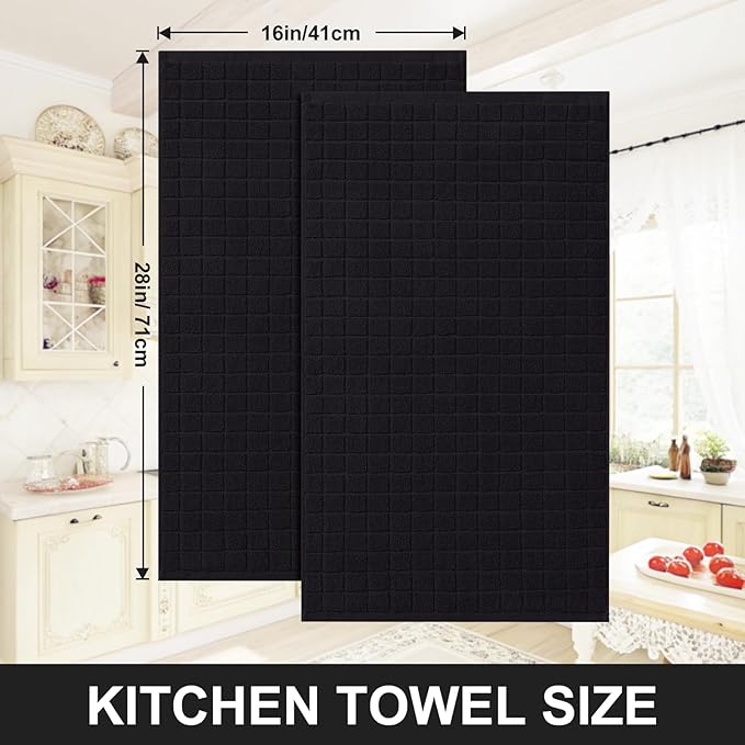Homaxy Premium Cotton Kitchen Towels 16"x 28", Large Natural Ring Spun 390 GSM Dish Towels, Super Absorbent Terry Kitchen Hand Towels, Soft Tea Towels with Hanging Loop, Pure Black Design, 8 Pack