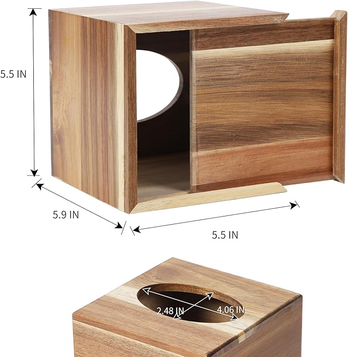 CATORY Tissue Box Cover, Acacia Wood Tissue Box Cover Square, Rustic Tissue Box Holder Covers Your Tissues, Decorative Tissue Cube Box Cover with Slide-Out Bottom