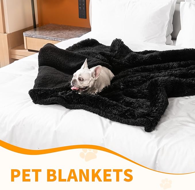 Maidewow Black Waterproof Calming Pet Blankets for Dogs Reversible Long Faux Fur Fluffy Blanket for Doggie Cats Sherpa Fleece Warm Couch Sofa Beds Covers (Black,L-65x57in)
