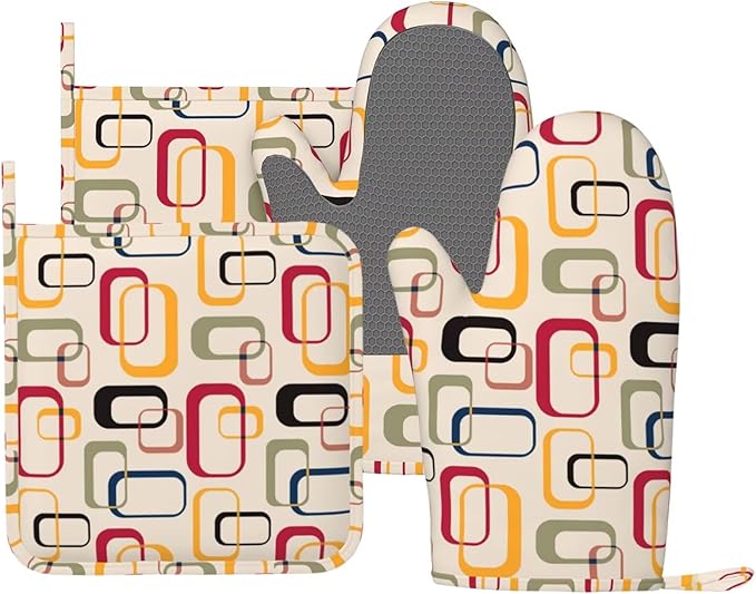 Mid Century Modern Retro Oven Mitts and Pot Holders Set of 4 Silicone Abstract Kitchen Mitten Gloves and Non-Slip Potholders Set Heat Resistant Oven Gloves Hot Holders for Kitchen