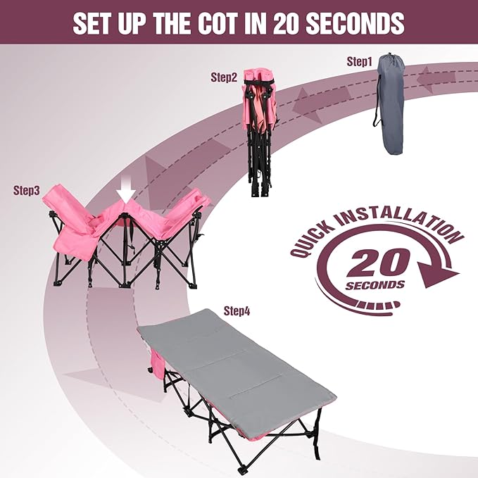 REDCAMP Kids Foldable Camping Cot with Mattress Pad, 220 LBS Child Durable Sleeping Bed with Pocket and Carry Bag Portable for Home, Travelling, Pink
