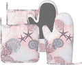 Nautical Coastal Oven Mitts and Pot Holders Set, 4pcs Silicone Starfish Seashell Coral Beach Themed Oven Glove for Kitchen Heat Resistant Oven Mitts and Non-Slip Potholders Pink
