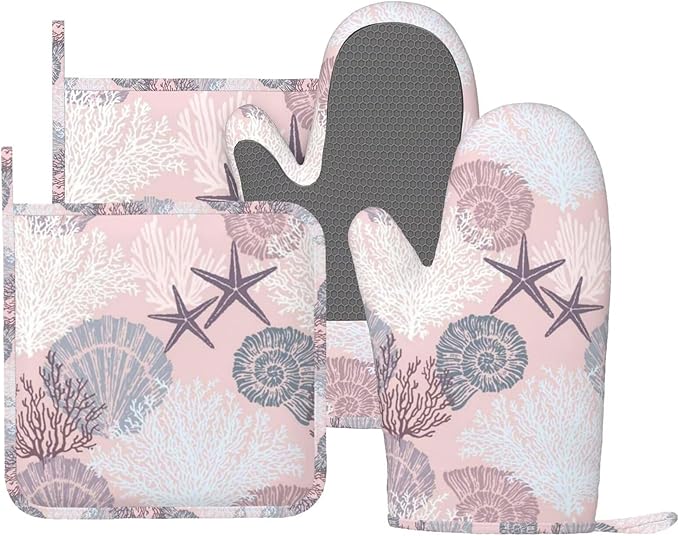 Nautical Coastal Oven Mitts and Pot Holders Set, 4pcs Silicone Starfish Seashell Coral Beach Themed Oven Glove for Kitchen Heat Resistant Oven Mitts and Non-Slip Potholders Pink