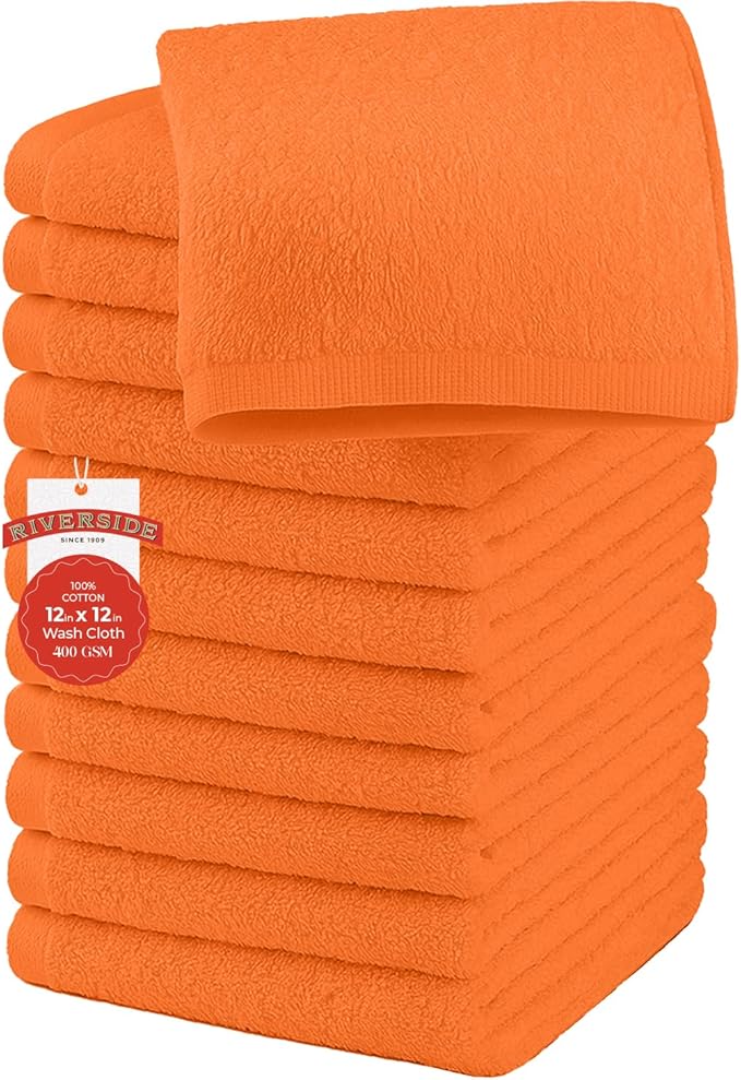 RIVERSIDE 12 Pack Washcloths - 12x12 Inches, 500 GSM, 100% Ring-Spun Cotton - Soft, Absorbent & Durable Face and Body Towels - for Bathroom, Spa, Gym, Makeup Removal & Everyday Use - Orange