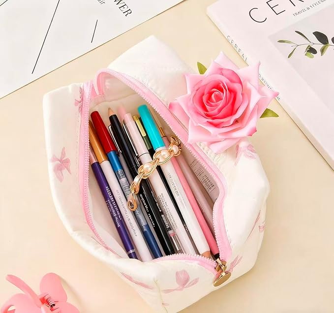 MZLUWM 2 Pcs Makeup Bag Travel Cosmetic Bag，Cute Floral Quilted Makeup Bag Set for Women Girls，Cotton Travel Toiletry Zipper Make Up Pouch (Pink Bow)