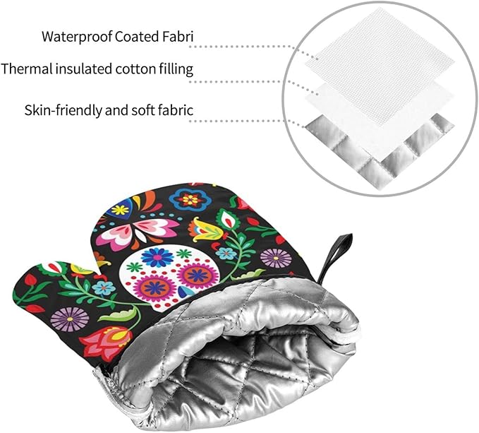 Mexican Skull Skeleton Floral Oven Mitts and Pot Holders Set of 4, Oven Mittens and Potholders Heat Resistant Gloves for Kitchen Cooking Baking Grilling BBQ