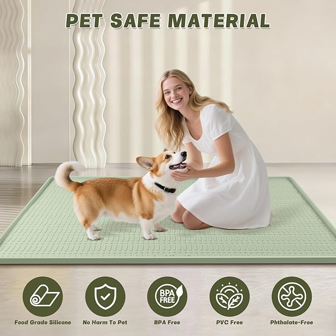 47" x 35" Silicone Dog Food Mat, Waterproof Pet Feeding Mat with Raised Edge, Extra Large Dog Bowl Mat Non-Slip Water Bowl Placemats for Dogs, Protects Floors, Easy to Clean (Light Green)