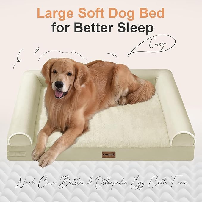 Large Dog Bed Orthopedic Washable: Beds Bolster XL Bed Big XLarge Dogs Egg Crate Foam Couch Sofa Waterproof with Removable Cover - Beige