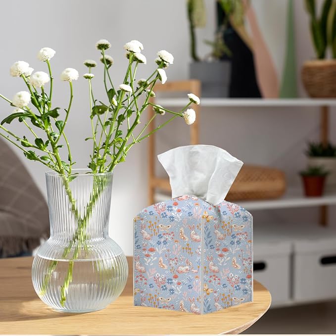 Tissue Box Cover, Tissue Box Holder, Square with Belt Bottom, PU Leather Decorative Organizer for Desk, Tabletop, Countertop Bathroom, Toilet Car, Office, Dresser, Rabbit Butterflyc Flower Decor