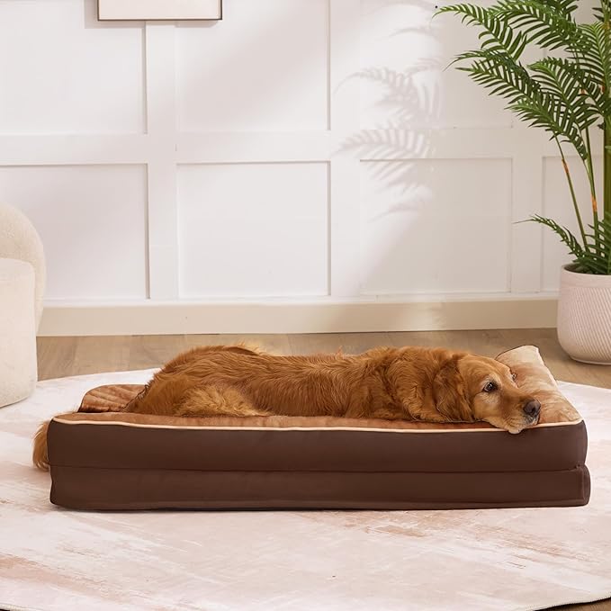 Aeroluxe Dog Bed Large Sized Dogs, Orthopedic Dog Bed for Large Dogs, Waterproof Pet Bed with Washable Removable Cover, L-Shaped Pet Couch with Portable Handle 36"x27"x6.5", Brown
