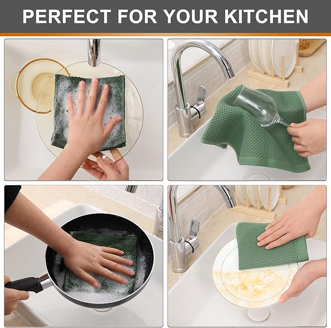 Kitinjoy 100% Cotton Kitchen Dish Cloths, 12 Pack Waffle Weave Ultra Soft Absorbent Dish Towels for Drying Dishes Quick Drying Kitchen Towels Dish Rags, 12 X 12 Inches, Grass Green