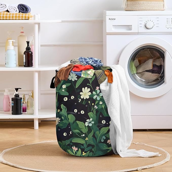 Black Cat in Greenery Laundry Basket with Sturdy Handles, Cute Cat Leaves Flower Collapsible Oxford Cloth Laundry Hamper Organizer Basket for Bathroom Bedroom 15.7x20 Inch