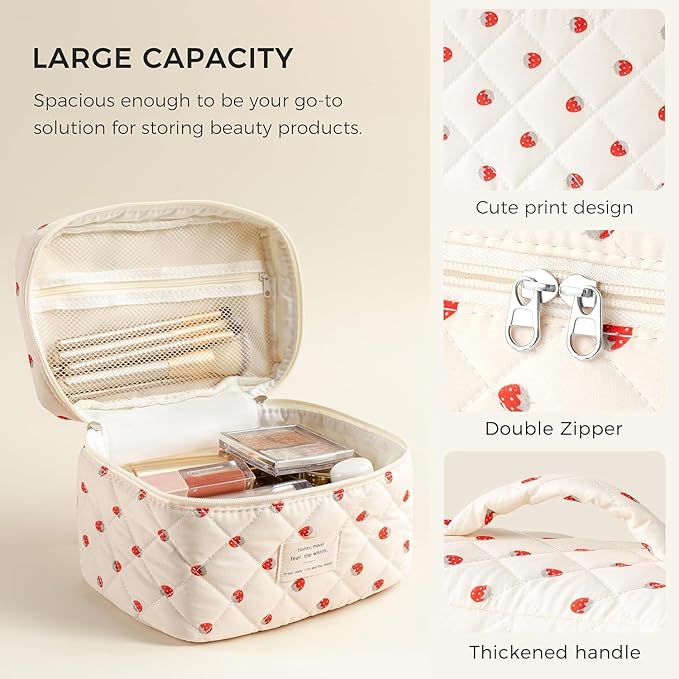 HBselect Christmas Gifts Large Quilted Makeup Bag, Cute Cotton Travel Makeup Bag with Handle, Portable Coquette Floral Make up Bags, Toiletry Organizer Make up Bags for Women Teen Girls Mom