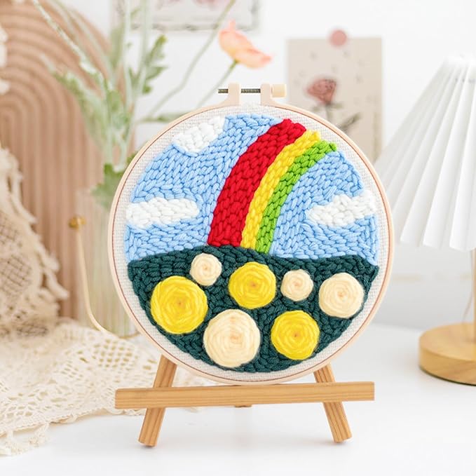 Woohome Punch Needle Kit Included Plastic Hoops, Punch Needle Cloth, Color Yarn and Punch Needle Tools for Adults, Beginners (Rainbow and Flowers)