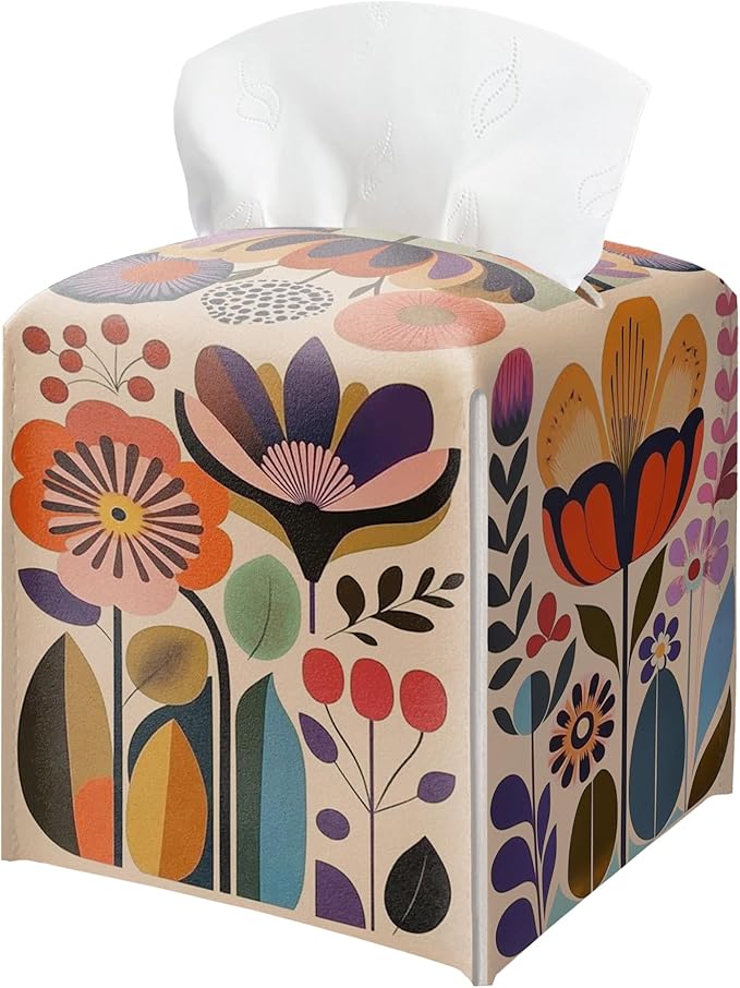 Scandinavian Boho Tissue Box Holder, Norwegian Folk Floral Leather Tissue Box Cover Square, Paper Napkins Everyday Dispenser for Bathroom Night Stands Kitchen Office Car Home Decor